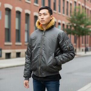 Jordan Craig‎ Vintage Black Bomber Jacket Hooded Fur Trim Orange Lined 3XL